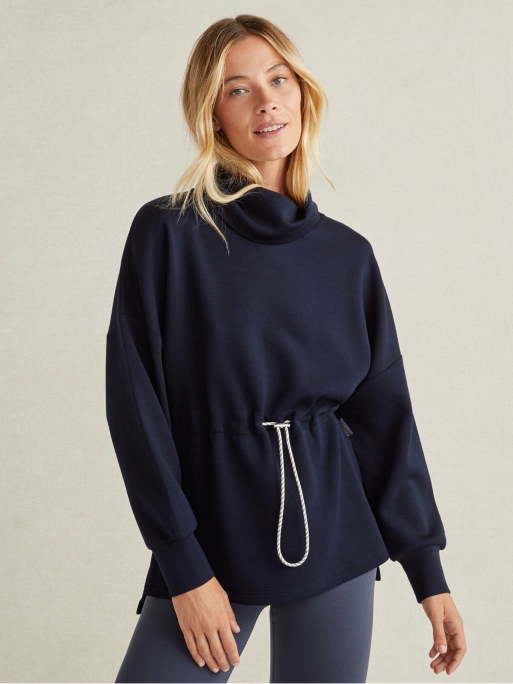Varley Women's Navy Cinch Waist Funnel-Neck tunic
